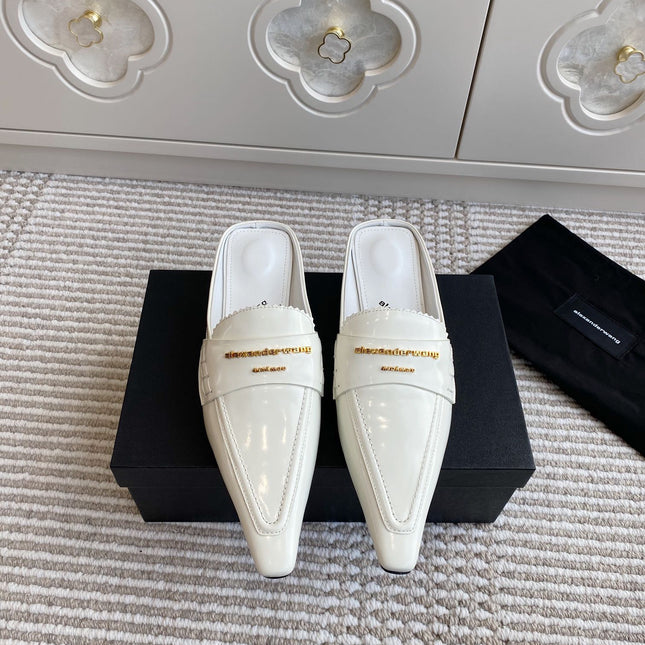 SQUARE-TOE MULES IN WHITE CALFSKIN