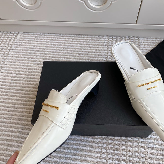 SQUARE-TOE MULES IN WHITE CALFSKIN