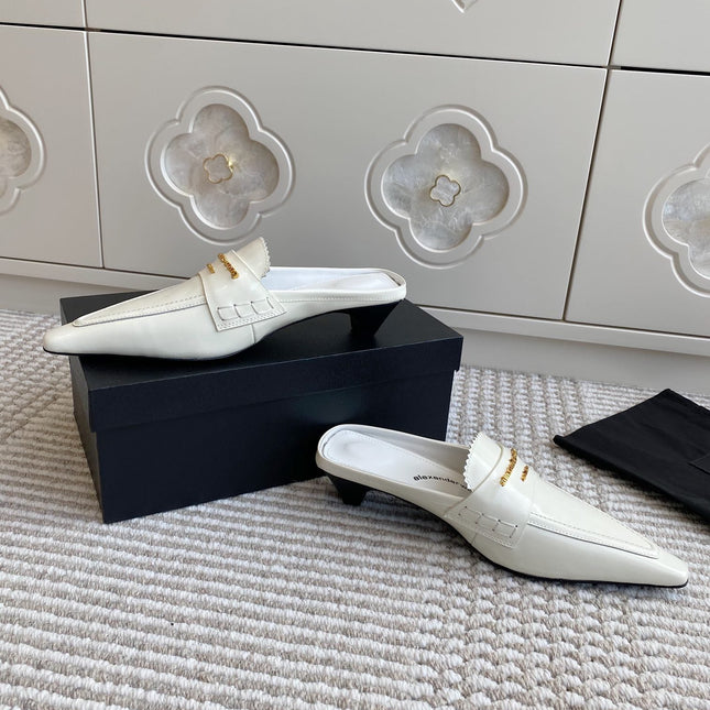 SQUARE-TOE MULES IN WHITE CALFSKIN