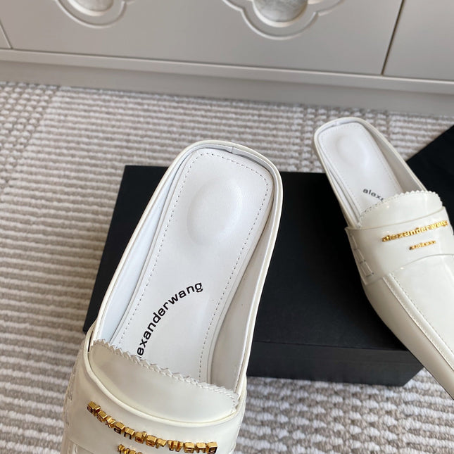 SQUARE-TOE MULES IN WHITE CALFSKIN