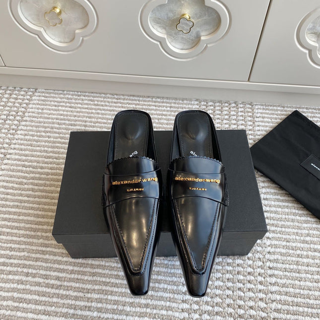 SQUARE-TOE MULES IN BLACK CALFSKIN