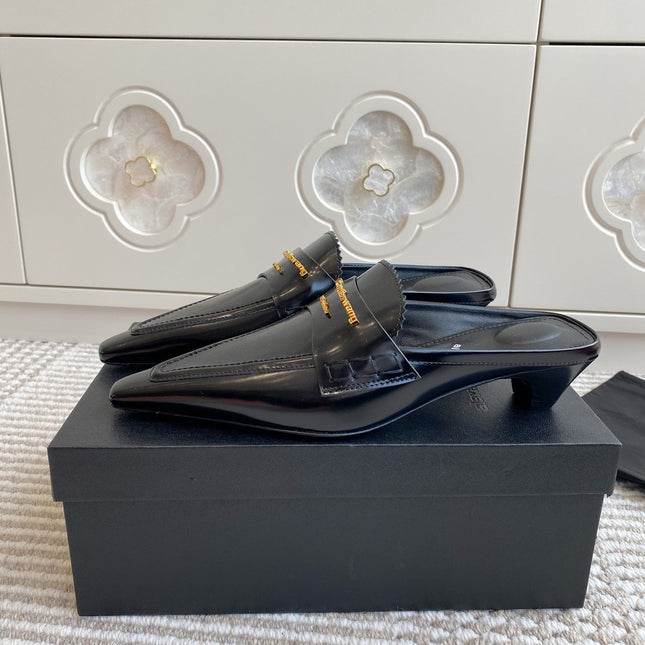 SQUARE-TOE MULES IN BLACK CALFSKIN