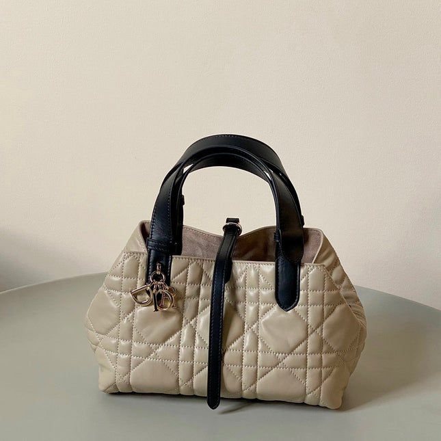 MINI TOUJOURS BAG 23 IN BEIGE CANNAGE CALFSKIN BLACK STRAP