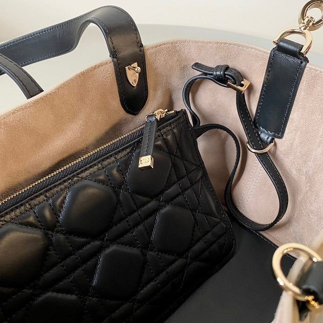 MINI TOUJOURS BAG 23 IN BEIGE CANNAGE CALFSKIN BLACK STRAP