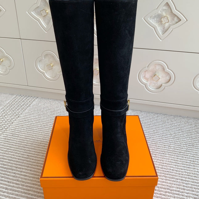 HM 25S TALL BOOTS 50 MM IN BLACK SUEDE WITH GOLD HARDWARE