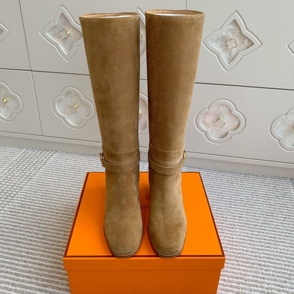 HM 25S TALL BOOTS 50 MM IN BROWN SUEDE WITH GOLD HARDWARE