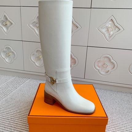HM 25S TALL BOOTS 50 MM IN WHITE CALFSKIN WITH GOLD HARDWARE