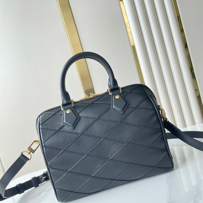 SPEEDY BANDOULIÈRE 25 WITH CRISS CROSS PATTERN IN BLACK LAMBSKIN