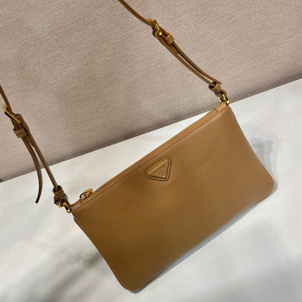 TRIANGLE LOGO SHOULDER BAG 24 IN PEANUT BROWN SMOOTH CALFSKIN