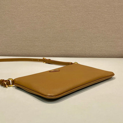 TRIANGLE LOGO SHOULDER BAG 24 IN PEANUT BROWN SMOOTH CALFSKIN