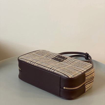 BEAU TOP HANDLE BAG 34 IN BEIGE TARTAN AND COCOA BROWN LEATHER TRIM