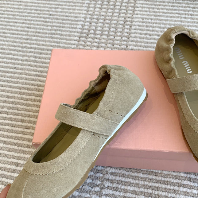 MARY JANE FLATS IN TROUT SUEDE