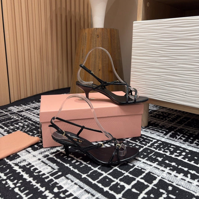 STRAP HIGH HEEL SANDALS IN BLACK SHINY LAMBSKIN