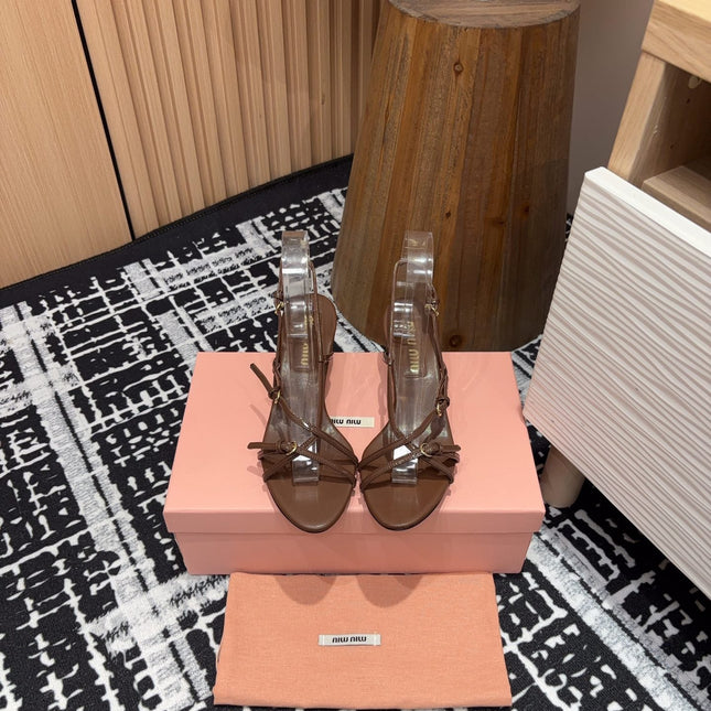 STRAP HIGH HEEL SANDALS IN CHOCOLATE SHINY LAMBSKIN