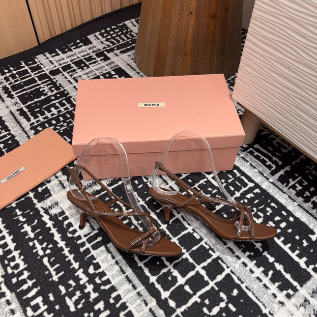 STRAP HIGH HEEL SANDALS IN CHOCOLATE SHINY LAMBSKIN