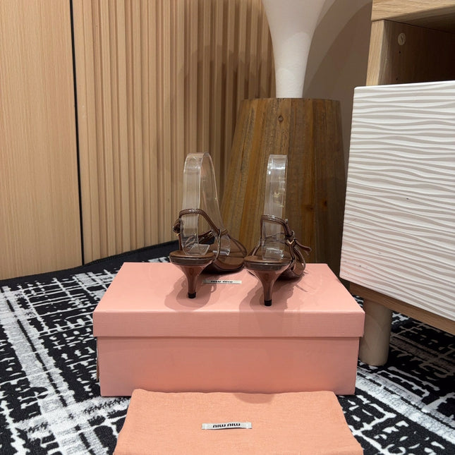 STRAP HIGH HEEL SANDALS IN CHOCOLATE SHINY LAMBSKIN