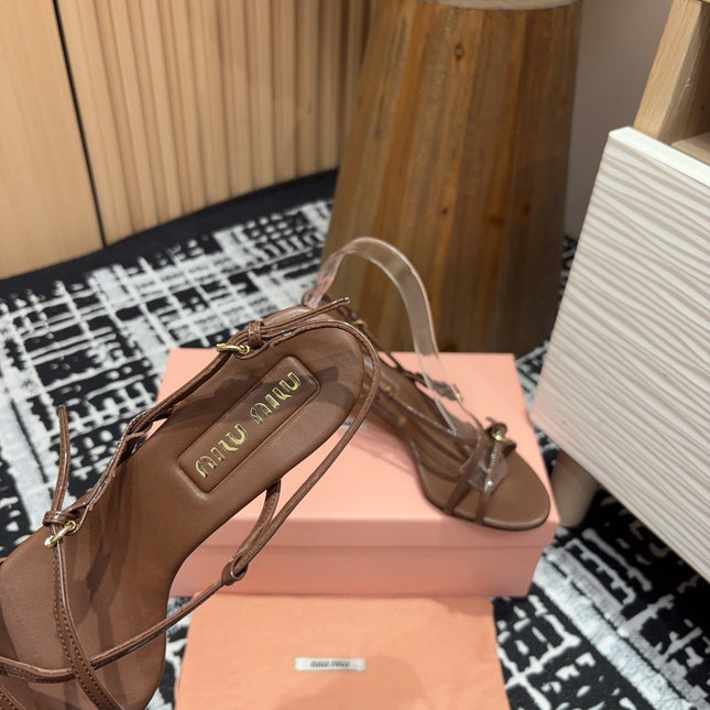 STRAP HIGH HEEL SANDALS IN CHOCOLATE SHINY LAMBSKIN