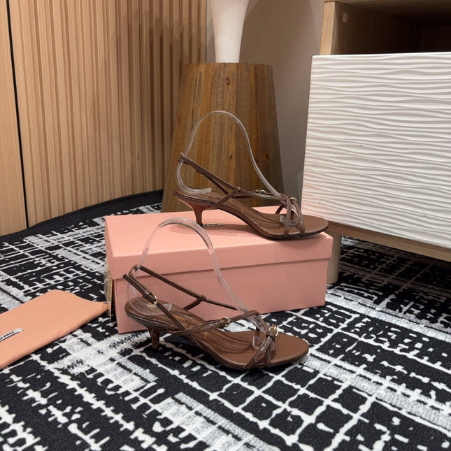 STRAP HIGH HEEL SANDALS IN CHOCOLATE SHINY LAMBSKIN