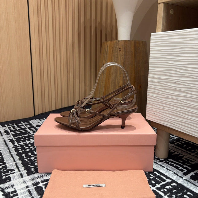 STRAP HIGH HEEL SANDALS IN CHOCOLATE SHINY LAMBSKIN