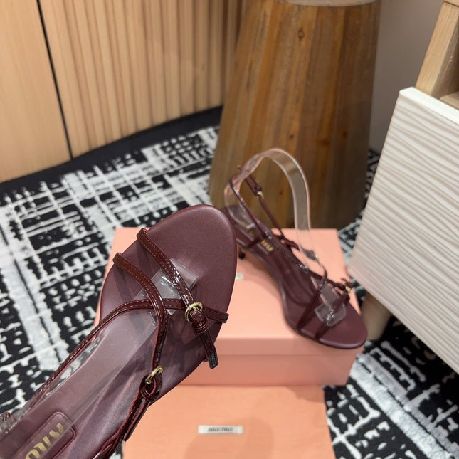 STRAP HIGH HEEL SANDALS IN WINE RED SHINY LAMBSKIN