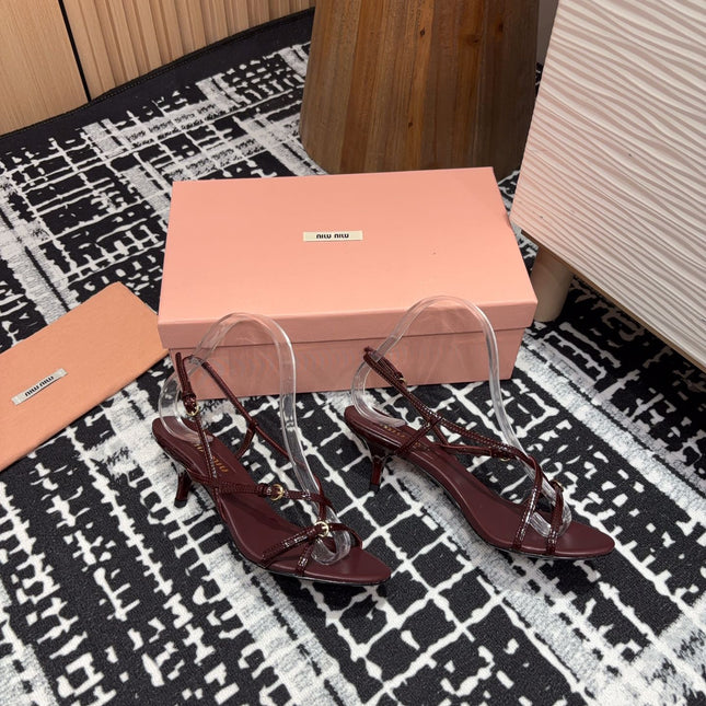 STRAP HIGH HEEL SANDALS IN WINE RED SHINY LAMBSKIN