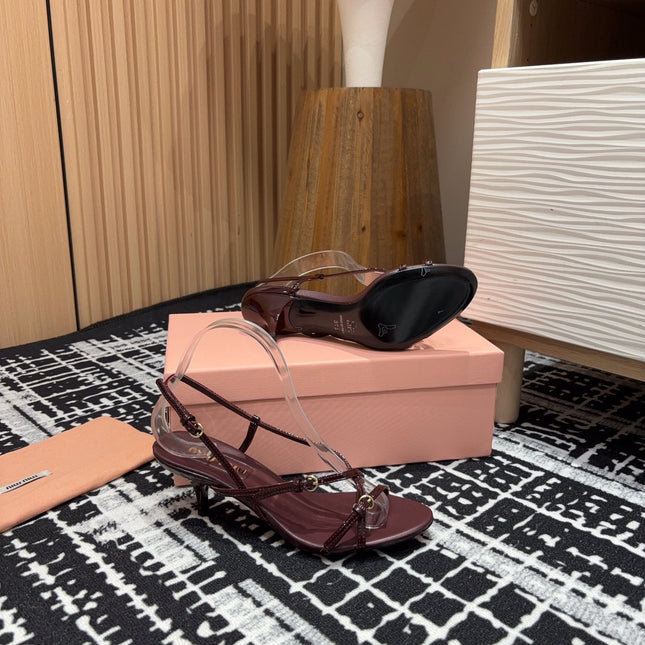 STRAP HIGH HEEL SANDALS IN WINE RED SHINY LAMBSKIN