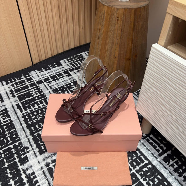 STRAP HIGH HEEL SANDALS IN WINE RED SHINY LAMBSKIN