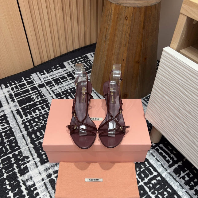 STRAP HIGH HEEL SANDALS IN WINE RED SHINY LAMBSKIN