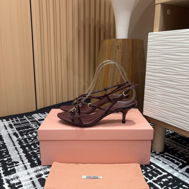 STRAP HIGH HEEL SANDALS IN WINE RED SHINY LAMBSKIN