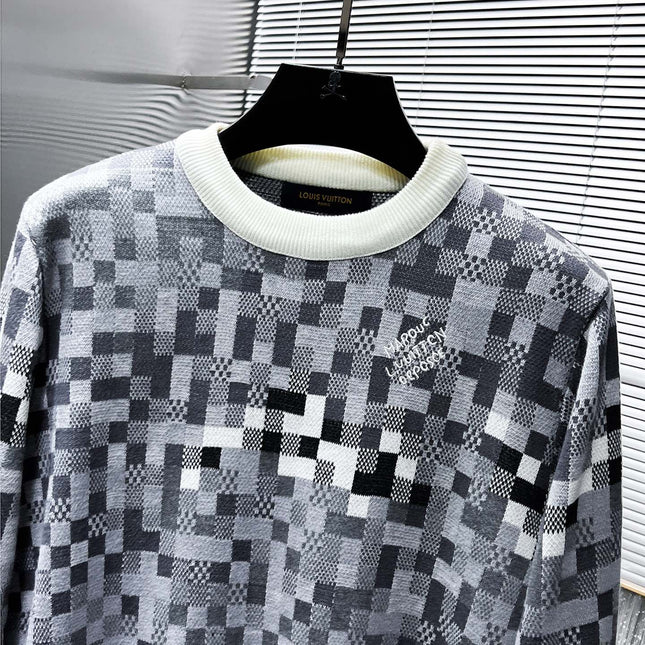 LV KNITTED SWEATER IN GRAY BLACK WHITE DAMOFLAGE MOTIF WOOL 238799