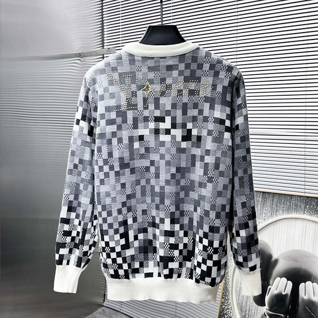LV KNITTED SWEATER IN GRAY BLACK WHITE DAMOFLAGE MOTIF WOOL 238799