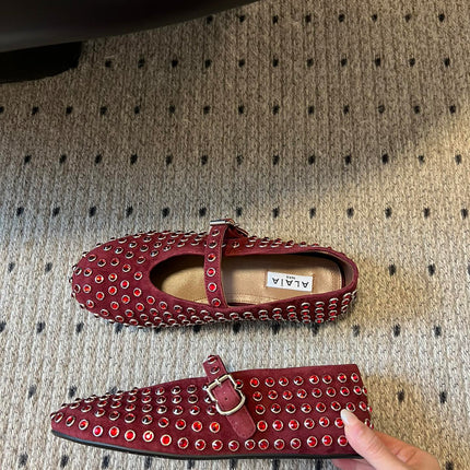 STRASS BALLET FLATS IN BERRY RED LAMBSKIN