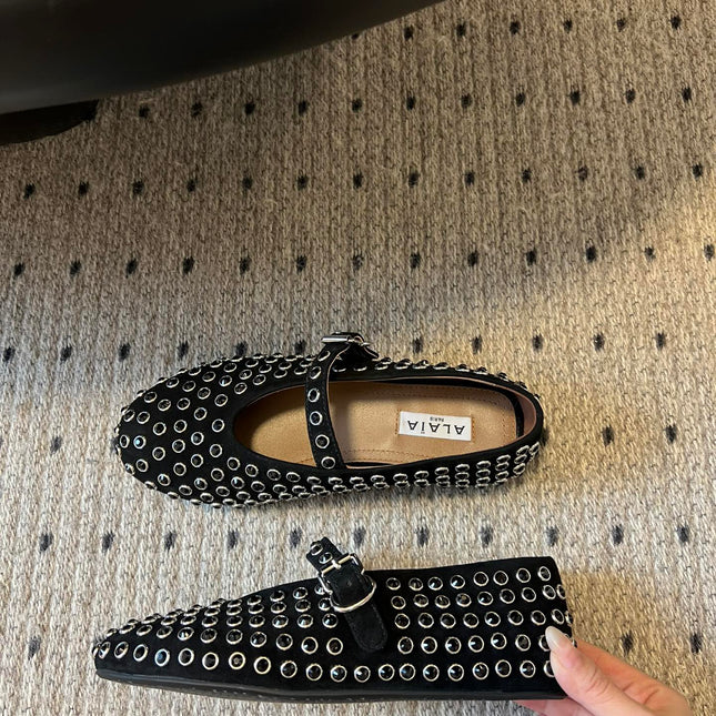 STRASS BALLET FLATS IN BLACK LAMBSKIN