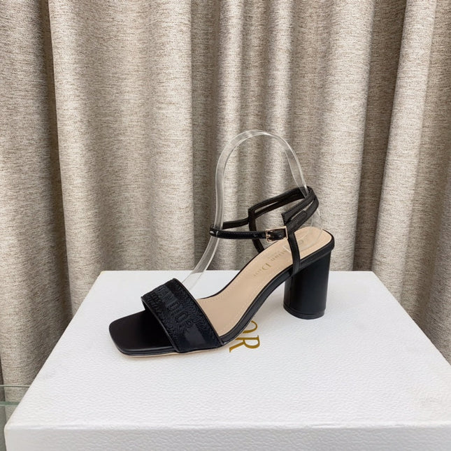 DWAY HIGH HEEL EMBROIDERED SANDAL BLACK CALFSKIN 75 MM