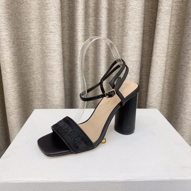 DWAY HIGH HEEL EMBROIDERED SANDAL BLACK CALFSKIN 95 MM