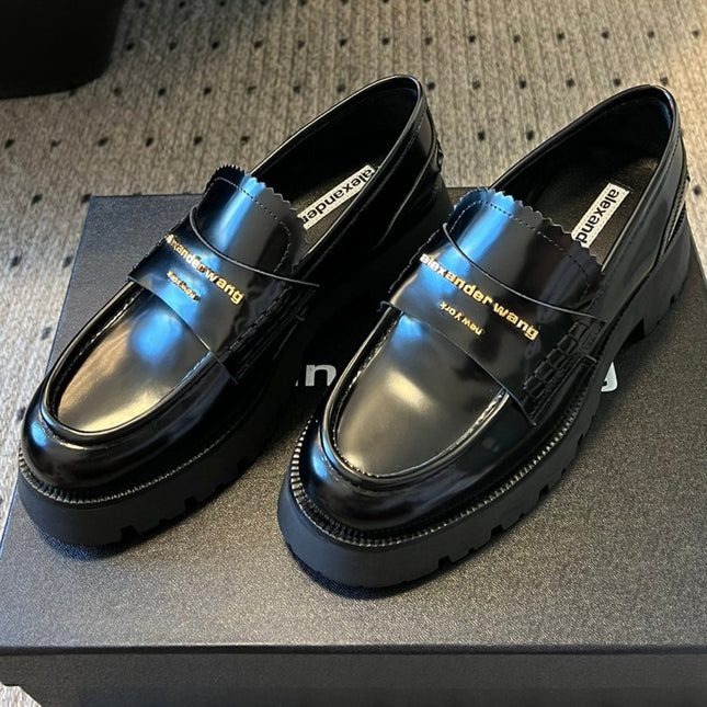 CARTER MID-HEEL 5 CM LUG LOAFER IN BLACK LAMBSKIN