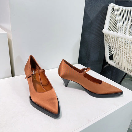 POINTED TOE MEDIUM HEEL PUMPS IN BURNT ORANGE SILK