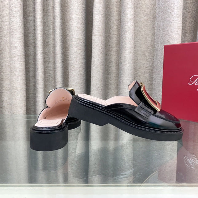 VIV' RANGERS MULES IN BLACK PATENT CALFSKIN GOLD BUCKLE