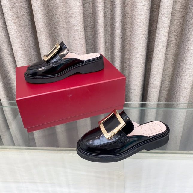 VIV' RANGERS MULES IN BLACK PATENT CALFSKIN GOLD BUCKLE