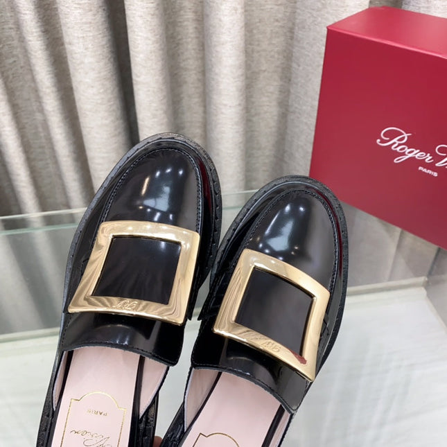 VIV' RANGERS MULES IN BLACK PATENT CALFSKIN GOLD BUCKLE