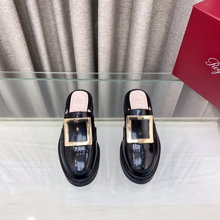 VIV' RANGERS MULES IN BLACK PATENT CALFSKIN GOLD BUCKLE