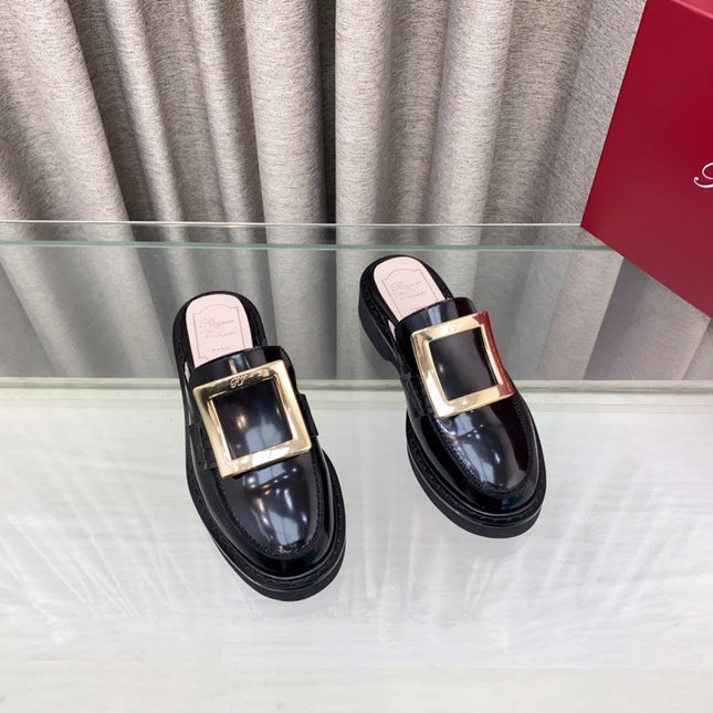 VIV' RANGERS MULES IN BLACK PATENT CALFSKIN GOLD BUCKLE