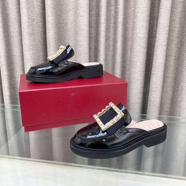 VIV' RANGERS MULES IN BLACK PATENT CALFSKIN CRYSTAL BUCKLE