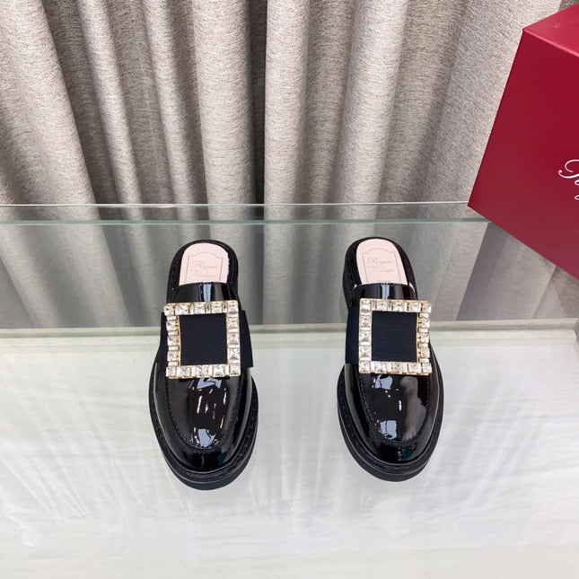 VIV' RANGERS MULES IN BLACK PATENT CALFSKIN CRYSTAL BUCKLE