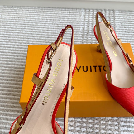 BLOSSOM SLINGBACKS 75 MM IN CHERRY RED IMPORTED STRIPED SILK SATIN