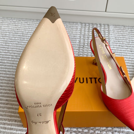 BLOSSOM SLINGBACKS 75 MM IN CHERRY RED IMPORTED STRIPED SILK SATIN