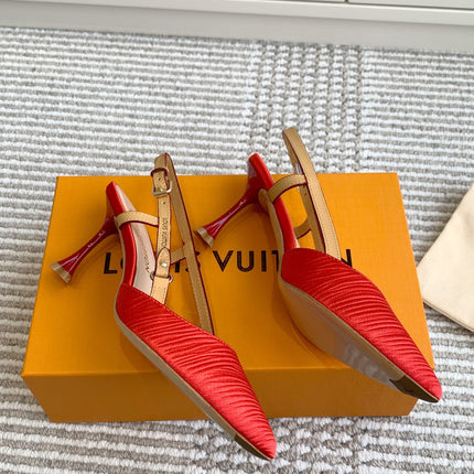 BLOSSOM SLINGBACKS 75 MM IN CHERRY RED IMPORTED STRIPED SILK SATIN