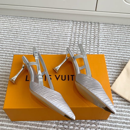 BLOSSOM SLINGBACKS 75 MM IN SILVER IMPORTED STRIPED SILK SATIN