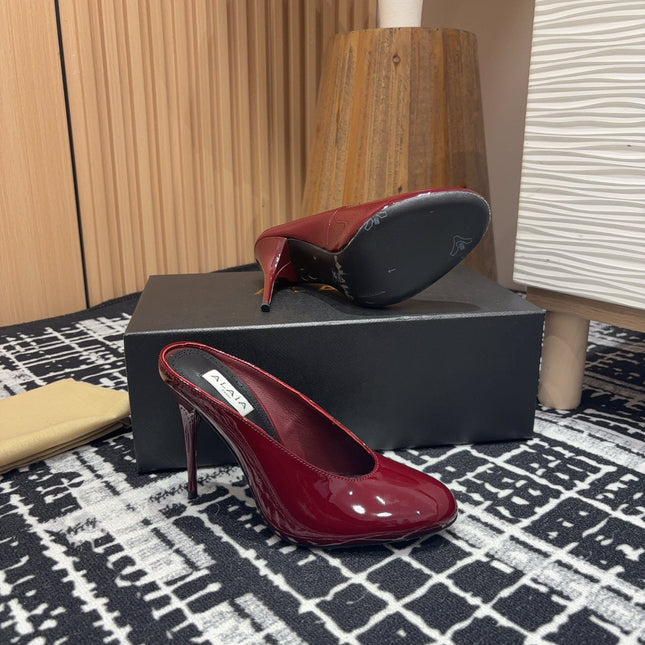 HIGH-HEEL 10 CM MULES IN BERRY RED PATENT CALFSKIN