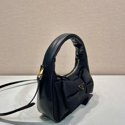 BOW HOBO BAG 22 IN BLACK RE-NYLON AND LAMBSKIN